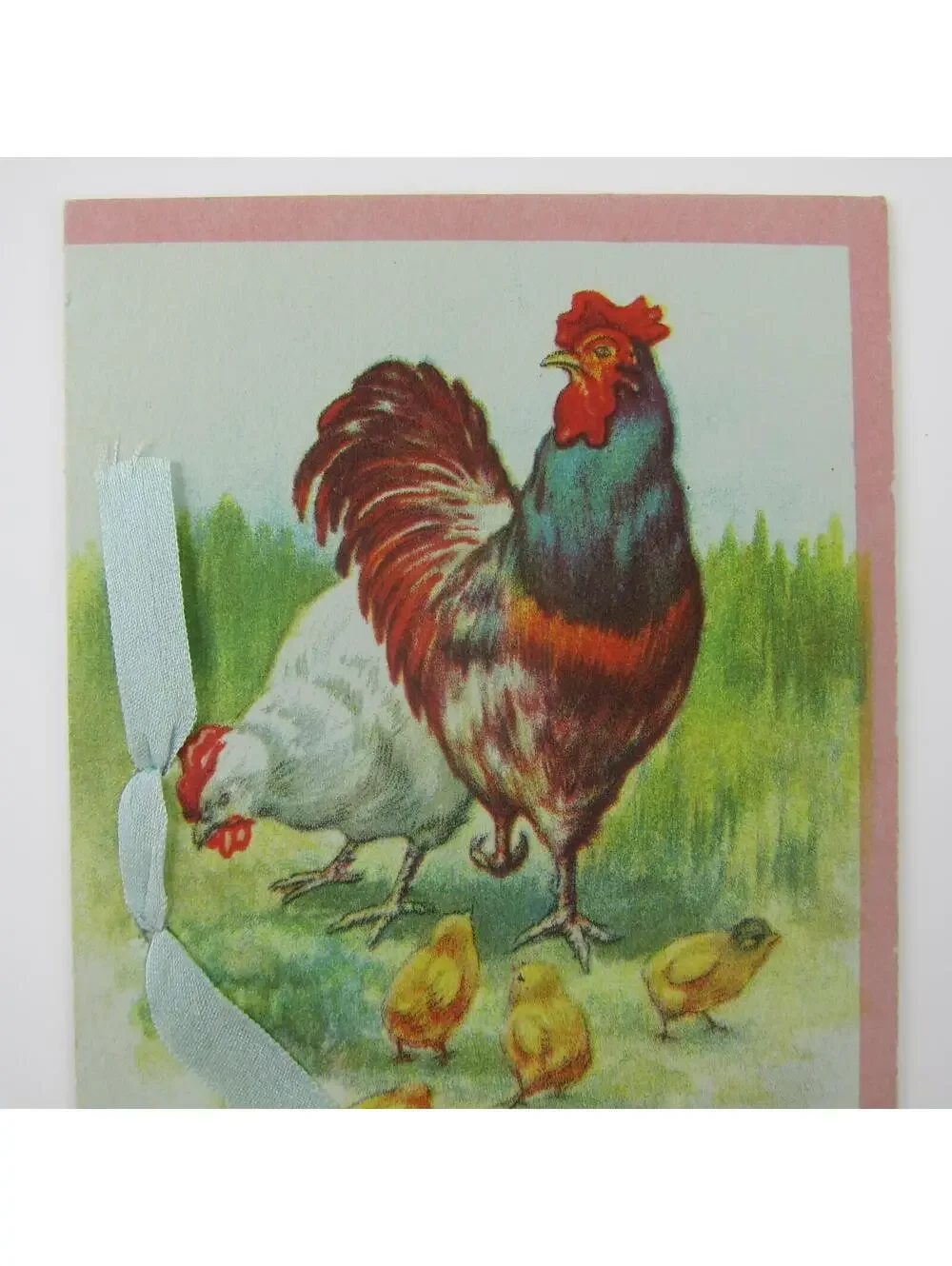 Easter Greeting Card Rooster Chicken & Yellow Chicks Blue Ribbon Bi-fold Antique